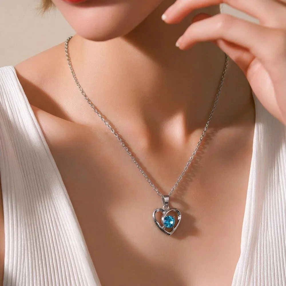 Silver-tone Light Blue Solitaire Stone Open Heart Pendant Silver Chain Necklace